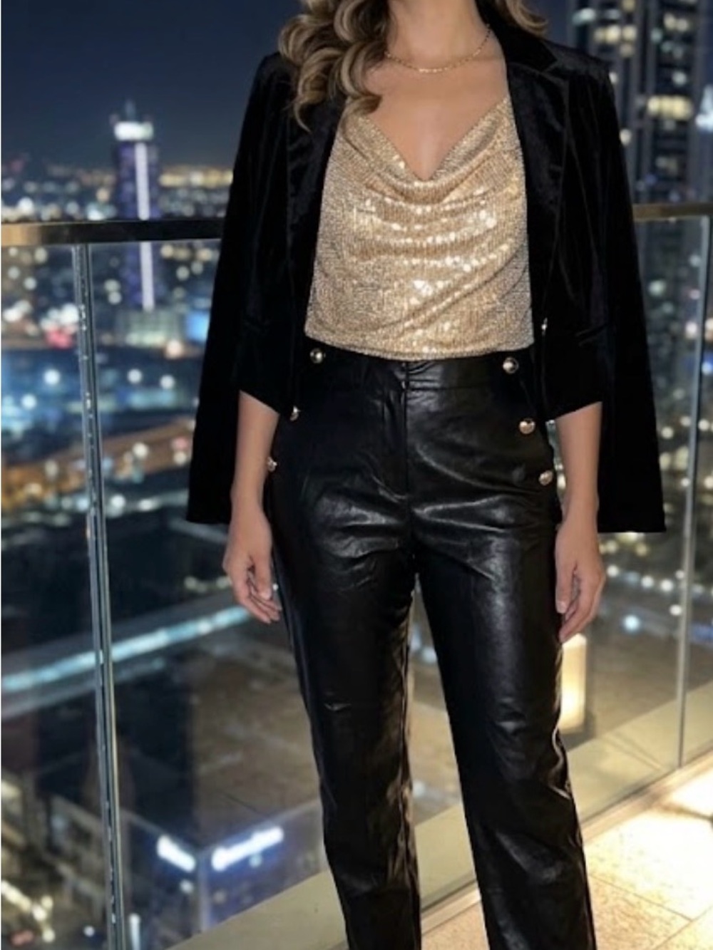 Michael Kors Black Faux Leather Pants with Gold Button Trim
